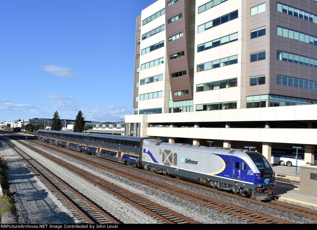 Amtrak Train # 538 heads away from Emeryville Station heading to Auburn. This train started out in San Jose.